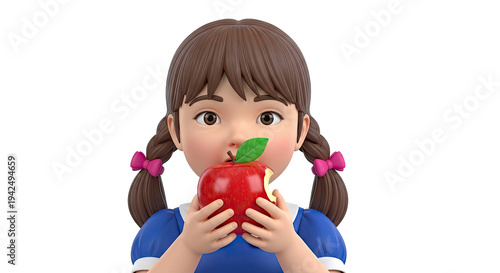 Cartoon Girl Eating a Red Apple