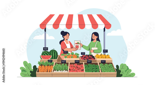 Friendly woman buys fresh organic vegetables from a vendor at a local market stall under a striped red canopy.