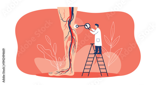 Doctor stands on a ladder to examine a giant human leg showing complex veins and arteries for medical diagnosis.