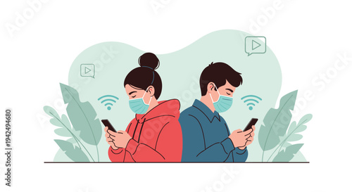 Man and woman wear face masks while sitting back to back and looking at their smartphones with visible wifi signals.