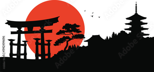 Japan landscape silhouette with torii gate pagoda temple and red sun, Japanese culture vector illustration background