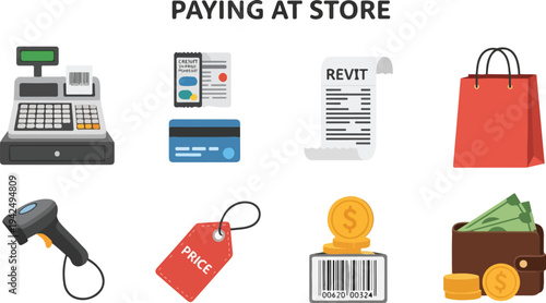 Flat icons depict paying at a store cash register receipt credit card shopping bag scanner price tag coins barcode wallet and money