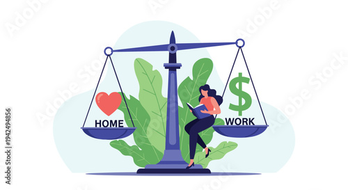Woman balances the priorities of home and work on a giant scale while reading an interesting book in a peaceful setting.