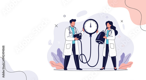 Two medical professionals collaborate to measure blood pressure using a giant gauge and stethoscope for a patient.