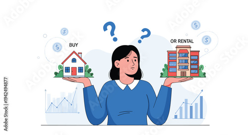 Woman thoughtfully considers the financial options of buying a house versus renting an apartment on a giant scale.