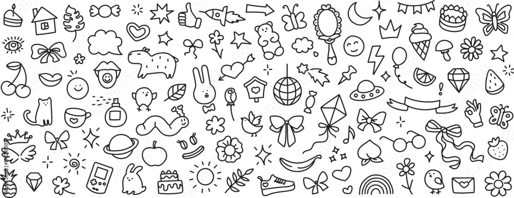 Obraz premium Children hand drawn doodles background. Big set of ink drawing with kids style. Sun, stars, flares, animals, rainbow, butterfly, flower, bird. Vector illustration isolated on white background. 