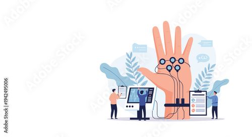 Group of tiny medical researchers works on a giant human hand model using advanced sensors and modern technology.