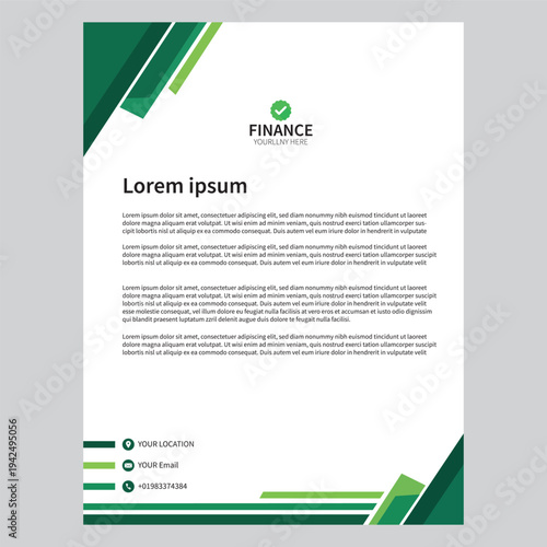 Modern finance corporate letterhead template with green geometric design