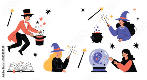 Diverse magical collection features magicians, witches with hats, magic wands, crystal balls, and bubbling cauldrons.