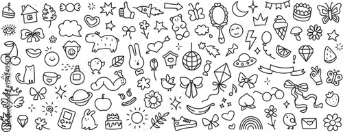 Children hand drawn doodles background. Big set of ink drawing with kids style. Sun, stars, flares, animals, rainbow, butterfly, flower, bird. Vector illustration isolated on white background. 