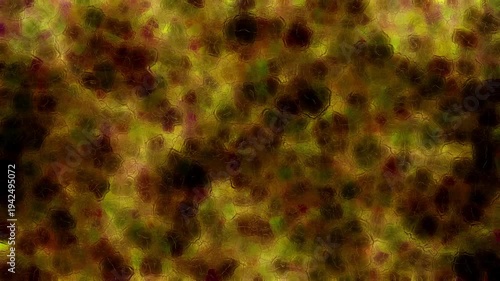 Abstract stained glass texture with dark colorful tones and soft light diffusion. Distorted glass surface creates organic patterns and blurred shapes moving slowly in dynamic motion.
