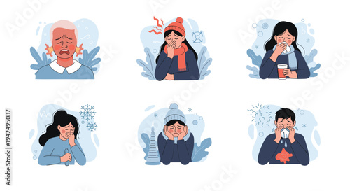Six panels illustrate various common symptoms of the flu and cold experienced by different individuals in winter.