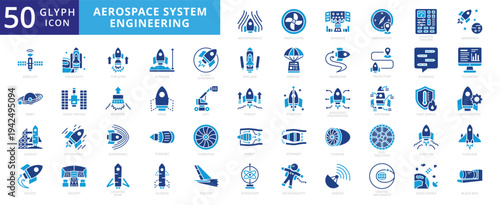 aerospace system engineering icon set with aerodynamic, propulsion, avionics, navigation, control system, aerospace, satellite, orbit, launch, space debris