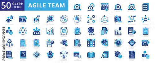 agile team icon set with scrum, methodology, kanban, iteration, process, workflow, flowchart, user story, definition of done, daily stand up, self organizing, definition of ready, pair programming