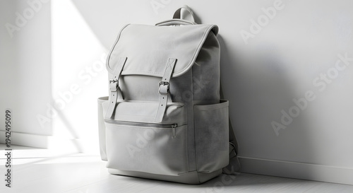 Blank grey canvas backpack mockup against a white wall