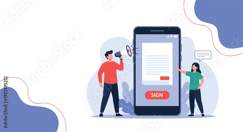 Two people using a large smartphone to sign a digital document while using a megaphone for a public announcement.