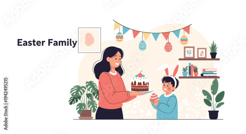 Loving mother presenting a delicious chocolate cake to her young son who is wearing bunny ears for an easter celebration.