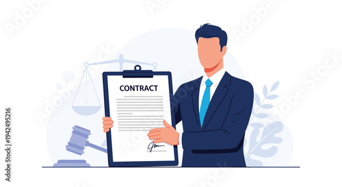 Professional lawyer holding a signed contract document on a clipboard with a legal gavel and scales in the background.