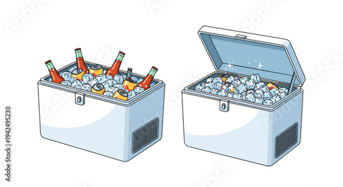 Two portable blue coolers filled with ice cubes, beer bottles, and soda cans for an outdoor picnic or summer party.