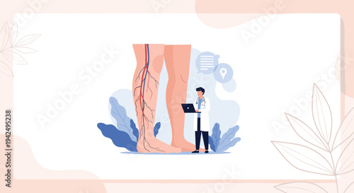 Medical professional using a laptop to examine a patient's legs for varicose veins and circulatory system health.