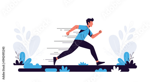 Young athletic man running fast through a green park with motion lines indicating speed during his daily workout routine.