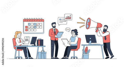 Diverse team of office workers collaborating on tasks with a calendar, computer, and megaphone in a busy workplace.