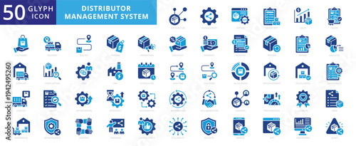 Distributor management system icon set with inventory, sales, order, customer, supplier, logistics, warehouse, delivery, route, pricing, promotion, return, report, analytics, forecasting, and invoice