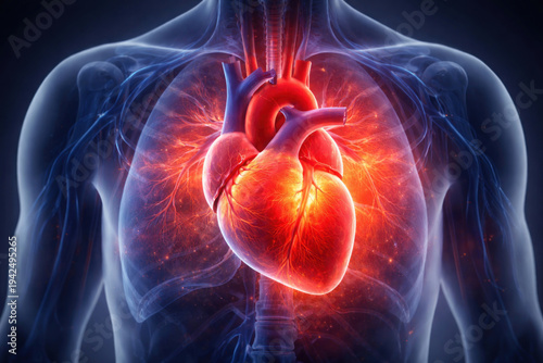 Human heart anatomy glowing inside chest, medical 3D illustration of cardiovascular system