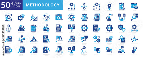 Methodology icon set with approach, framework, procedure, strategy, model, analysis, design, tools, process, plan, implementation, evaluation, research, experiment, data collection, study and survey