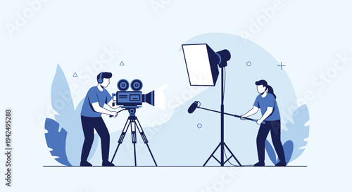 Professional film crew using a digital camera and microphone to record a scene in a studio with specialized lighting.