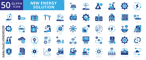 New energy solution icon set with solar, energy, wind, biomass, geothermal, hydropower, renewable, sustainable, efficiency, wave, eolic, battery, storage, grid, turbine, hydrogen, and generator