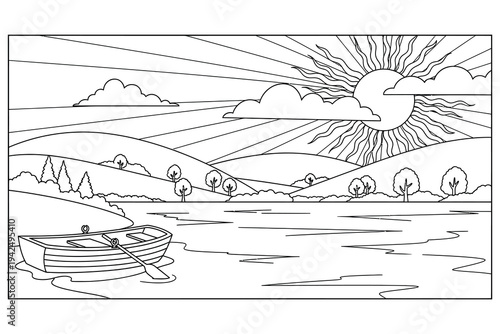 Peaceful Lake Landscape Coloring Page with Boats and Sunrise – Printable Nature Scenery Line Art for Kids and Adults