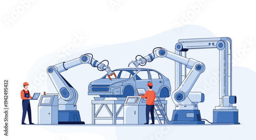 High-tech automated car factory with robotic arms assembling a vehicle while technicians monitor the process on laptops.