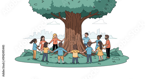 Diverse group of children holding hands in a circle around a large green tree with a city skyline in the far distance.