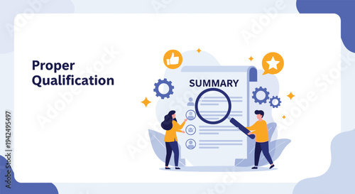 Business people using a magnifying glass to review a summary document for proper qualification and job hiring process.