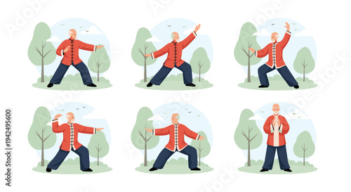 Series of illustrations showing an elderly man in a traditional red outfit practicing different Tai Chi martial arts poses.