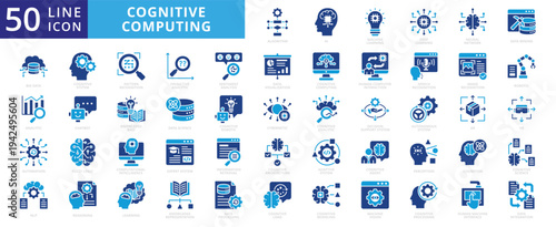 Cognitive computing icon set flat vector collection. Containing algorithm, ai, machine learning, deep learning, neural network icons.