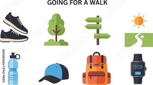 Flat illustration of walk essentials shoes tree signpost sun trail water bottle hat backpack and smartwatch