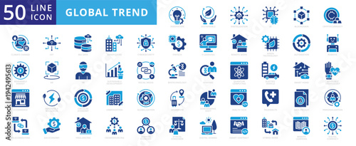 Global trend icon set flat vector collection. Containing innovation, sustainable, digitalization, AI, blockchain icons.