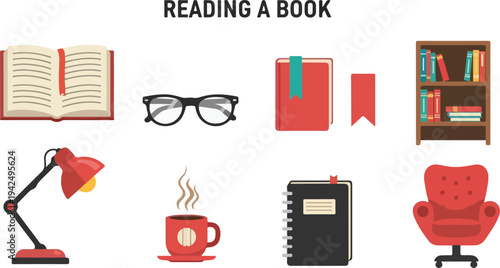 Flat illustration of reading items open book glasses closed book bookmark shelf with books lamp mug journal chair