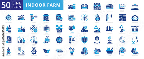 Indoor farm icon set flat vector collection. Containing agriculture, hydroponic, aquaponic, aeroponic, greenhouse, vertical farming icons.