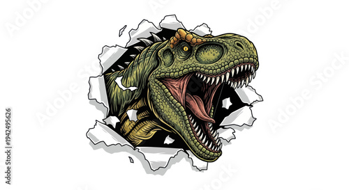 Aggressive Tyrannosaurus Rex Dinosaur Head Breaking Through White Background