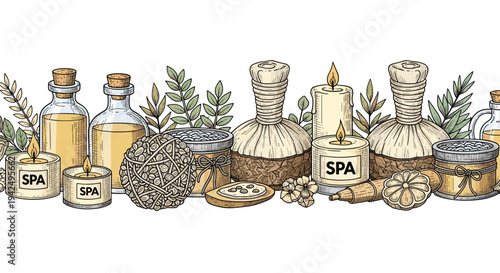 Border design featuring various spa and beauty products including massage oils, candles, herbs, and natural ingredients.