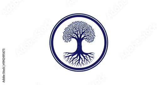 Circle emblem with stylized tree and roots, symbolizing growth, nature, and life