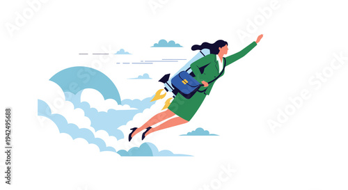 Successful businesswoman flying through the clouds with a rocket pack on her back representing career growth and ambition.