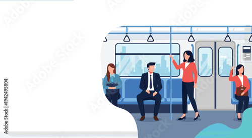 Diverse group of professional people sitting and standing inside a modern metro train car during their daily commute.