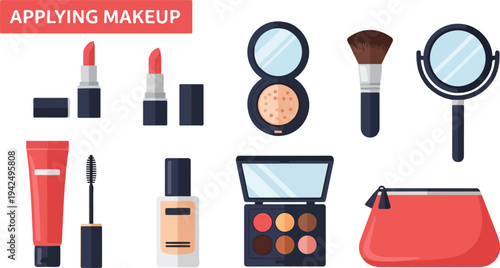 Flat illustrations of makeup items lipsticks powder brush mirror mascara foundation eyeshadow palette and a cosmetic bag