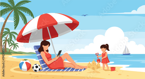 Relaxing family vacation at the beach with a mother using a tablet while her young daughter builds a sandcastle.