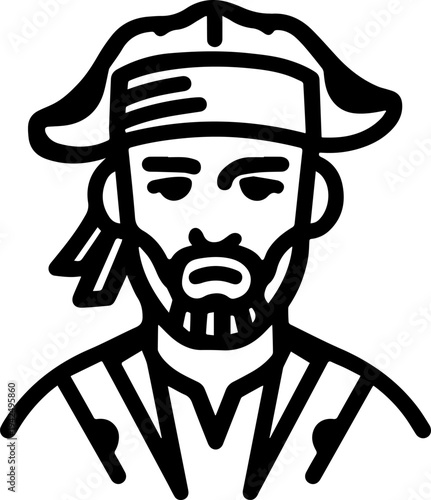 Hand Drawn Male Pirate Black and White Avatar Illustration in Minimal Line Art Style Design