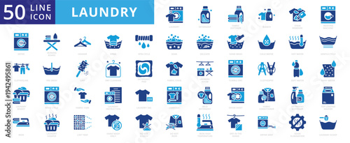 Laundry icon set with detergent, fabric softener, bleach, stain remover, washing machine, dryer and clothesline.